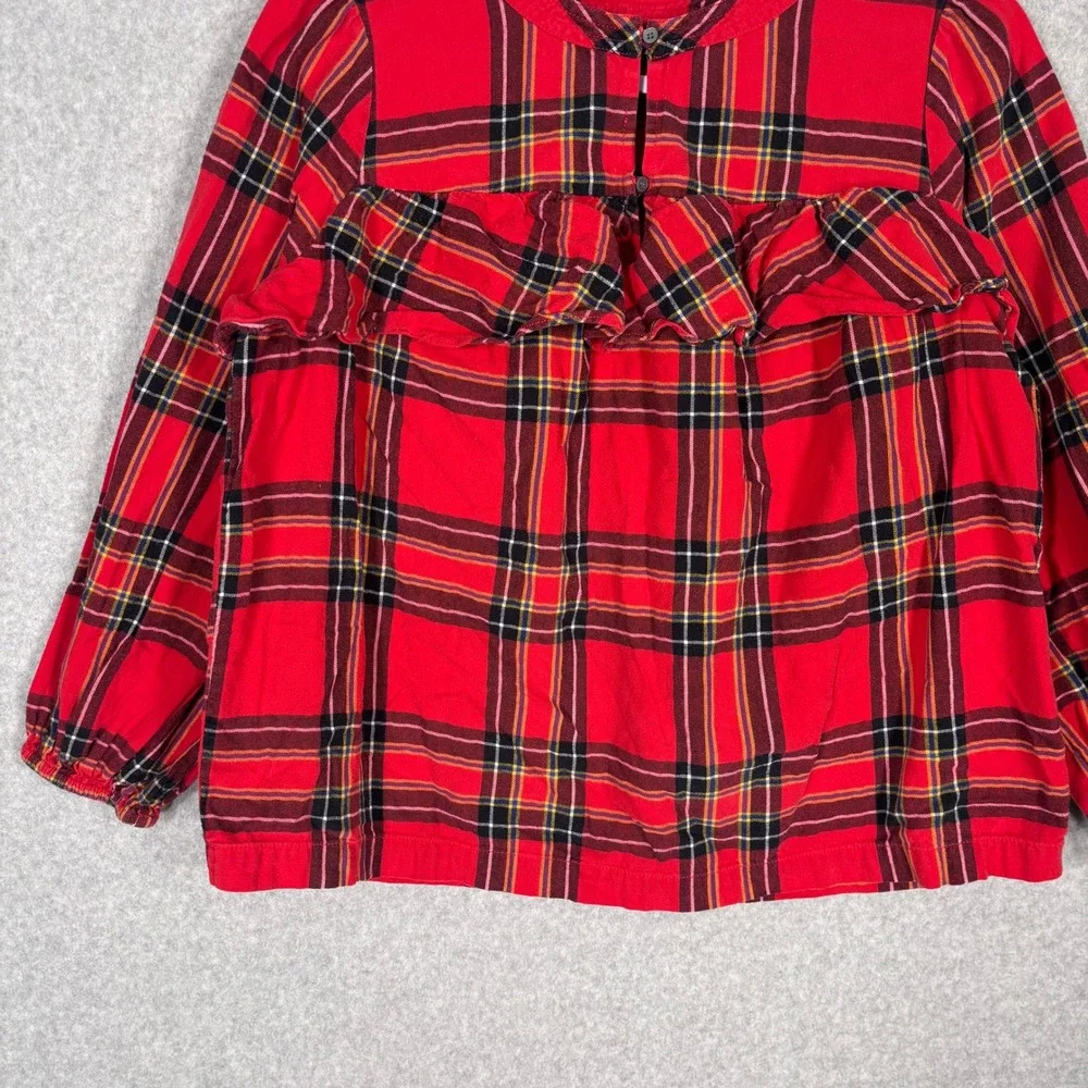 J Crew Tartan Plaid Flannel Ruffle Blouse Small Red Popover Festive Twee Country